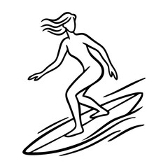 Dibujo de l&iacute;nea &uacute;nica de mujer en tabla de surf con olas de mar 