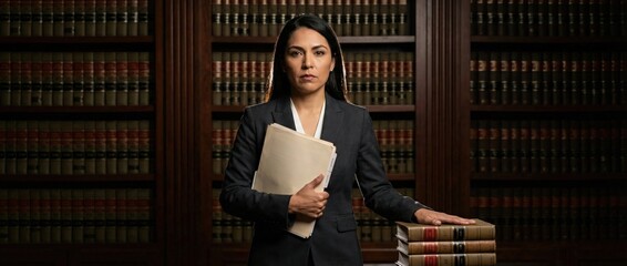Woman lawyer holding files in library, serious professional woman with books Concept of justice, law, and education