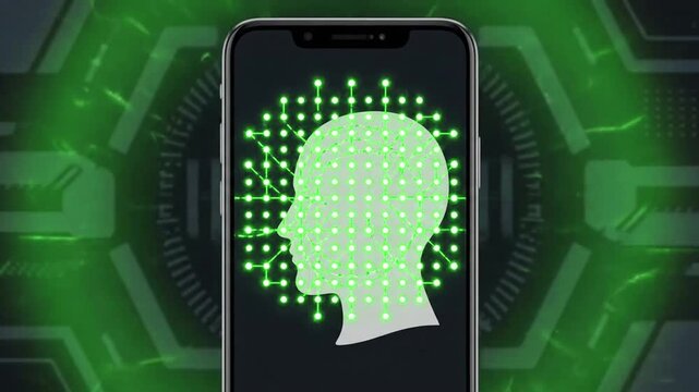 Smartphone displaying a digital human head silhouette with green dots on a futuristic background.