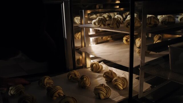 A baker places a baking sheet of cinnamon rolls into a proofing chamber to prepare the dough for baking. Traditional cinnamon rolls are made in an artisan bakery. Kitchen technic, bakery production.