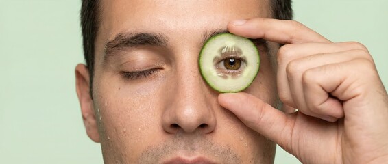 Man with cucumber slice over eye, refreshing skincare, closeup portrait Concept of wellness, beauty, and selfcare