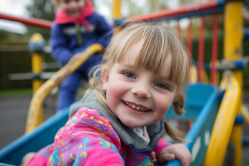 A little girl is smiling and sitting on a blue slide