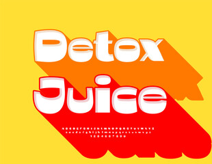 Vector Healthy label Detox Juice. Fashion Font with Big Red Shadow. Awesome 3D Alphabet Letters and Numbers set.