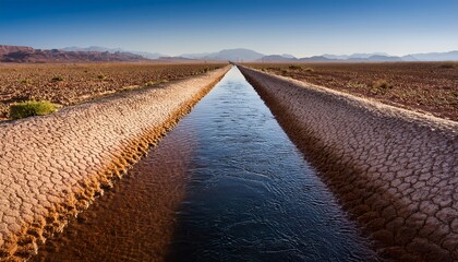 water flowing through an irrigation channel in a dry landscape