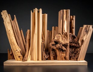Wooden abstract sculpture on black. Varied textures, angles, and shades on a platform create an interesting art piece