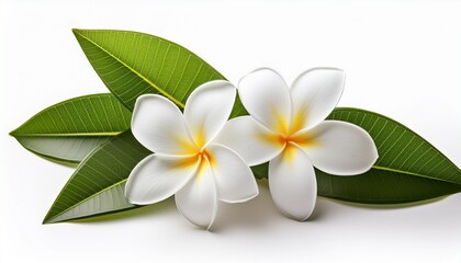 two white plumeria flowers with green leaves isolated on white background