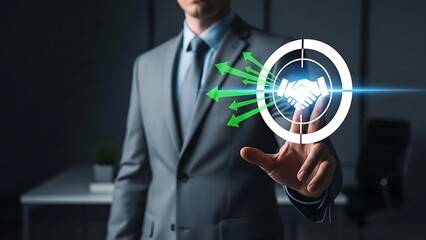 Businessman interacting with futuristic handshake interface in modern office