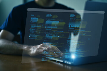 Professional programmer coding modern software using advanced digital technology in a high-tech workspace. Concept of software development, programming, coding, innovation digital business