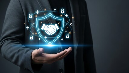 Businessman presenting secure partnership with glowing shield and handshake