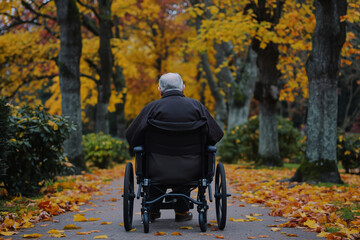 A man in a wheelchair is sitting on a path in a park