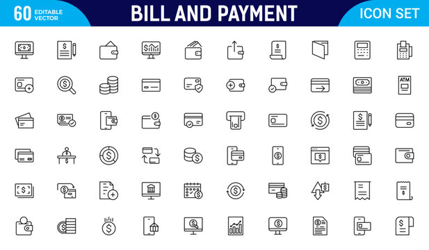 Bill and Payment Outline icon set. Containing finance related icons. bill, receipt, invoice, document, atm, cash, cryptocurrency, blockchain. Thin outline icons pack. Vector illustration