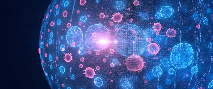 Vivid digital viruses orbit in a rotating motion against a dark backdrop, with a slow, cinematic pan highlighting data streams and glowing particles, creating a futuristic technology ambiance.