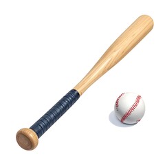 Wooden baseball bat with dark grip tape, next to a classic white baseball with red stitching on a white backdrop