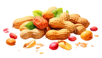 A vibrant depiction of peanuts, both in shell and shelled, with fresh green leaves. Light and shadows create realistic depth