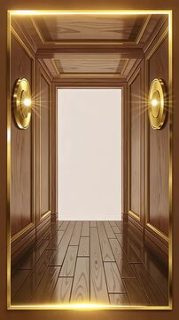 Warm wood hallway leading to bright doorway with glowing lamps.