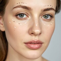 Woman?s face marked with surgical lines for procedure, close-up, soft skin, neutral backdrop, light/shadow