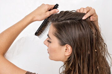 Obraz premium combing unruly wet hair, hair care