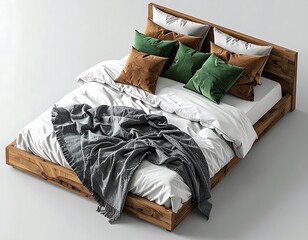 Wooden bed with white sheets, brown & green pillows, grey throw blanket on white floor