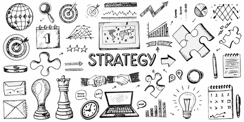 Strategic planning and business concepts illustrated with hand drawn doodle elements © Suresh