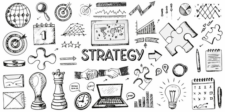 Strategic planning and business concepts illustrated with hand drawn doodle elements