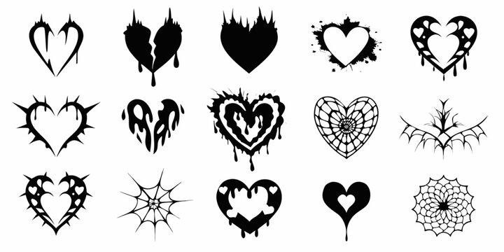Diverse collection of black heart designs with drips cracks and spiderwebs