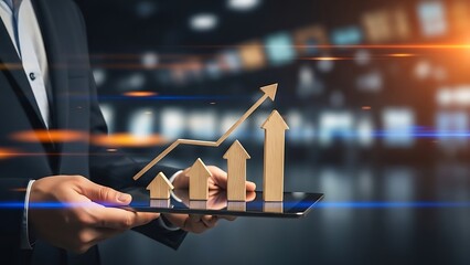 Businessman analyzing growing graph on tablet in modern office setting