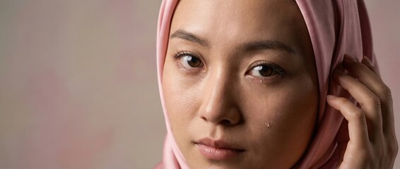 Asian woman wearing pink hijab, tear rolling down cheek, emotional portrait, soft background
