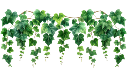 A vibrant, detailed illustration depicts lush, green ivy leaves and delicate vines, creating a natural border against a black background