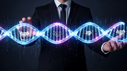Businessman presenting innovative partnership concept with DNA helix