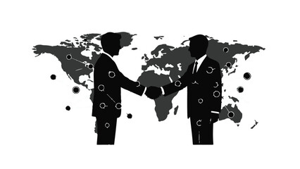 Silhouettes of two businessmen shaking hands in front of world map