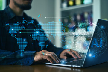 AI Artificial Intelligence Export Planning Concept, Businessman use AI Artificial Intelligence Export Planning and Global Business Strategy.