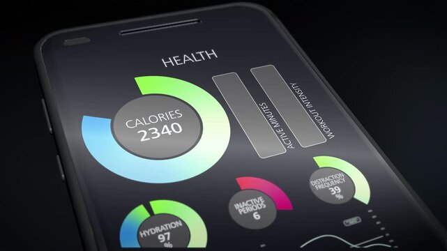 Modern smartphone health dashboard showing calories, hydration, activity minutes and distraction metrics, highlighting digital wellbeing