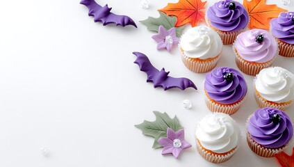 Cupcakes with purple frosting bats and fall leaves on white