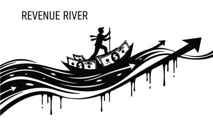 Businessman navigating boat on river of money with upward arrow