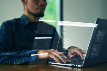 IT Information Technology. Developer presenting IT upgrade plan in modern office.