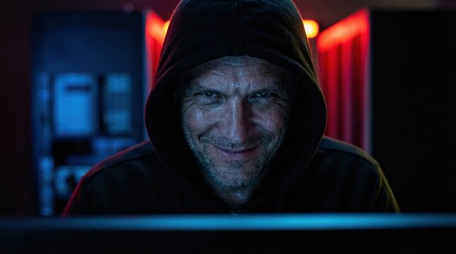 A hooded man with a sinister smirk sits in a dark, tech-lit room. His cunning expression conveys cybercrime, digital threats, or villainy. Great for articles on hacking or online security.