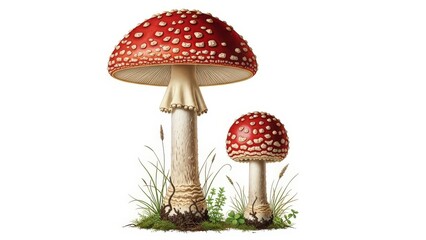 Two red and white polka-dotted mushrooms in a grass field
