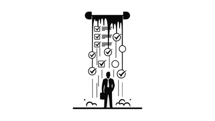 Businessman standing under falling checklist icons