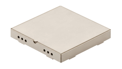 A stylish pizza box with a simple, modern design. The box is made of cardboard, with a neutral color. It's empty, and the lid is closed transparent background