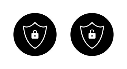 Shield lock and unlock outline icon set in black circle. Security, privacy protection, and access control symbol