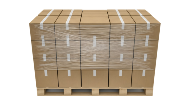 A pallet of packed cardboard boxes ready for delivery transparent background - Powered by Adobe
