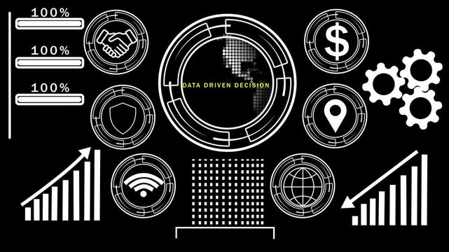 Futuristic digital interface depicting data driven decision metrics with for handshake shield dollar sign wifi globe and bar charts on a black background Keywords: data driven decision, digital