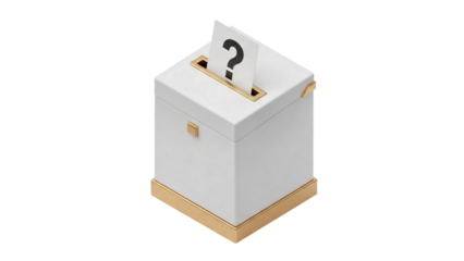 A close-up view of an elegant white box with a question mark on a card is being inserted inside transparent background