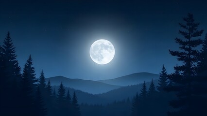 Fototapeta premium Serene moonlit landscape with silhouetted trees and mountains under a starry night sky, evoking feelings of calmness and tranquility.