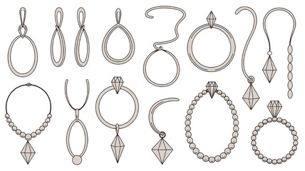 Collection of jewelry icons including necklaces and earrings with diamond pendants flat vector design elements for fashion and luxury concepts isolated on white