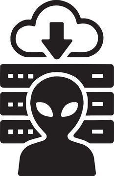 Alien in front of server racks downloading data from cloud computing storage system