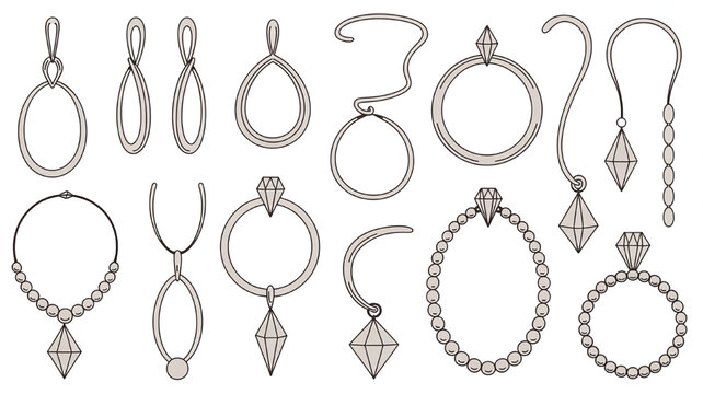 Collection of jewelry icons including necklaces and earrings with diamond pendants flat vector design elements for fashion and luxury concepts isolated on white