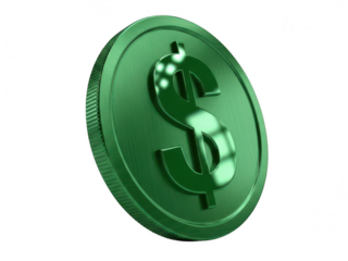 Three-dimensional green dollar coin with symbol isolated on transparent background