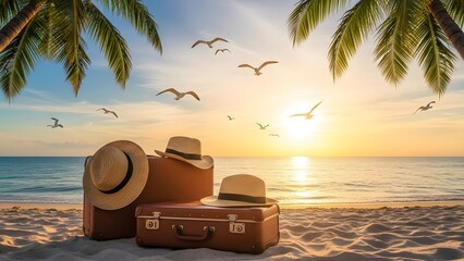 Fototapeta premium Suitcases and straw hats on tropical beach at sunset. Summer vacation and luxury travel planning. Vintage luggage sitting on sand with seagulls and palm trees by sea