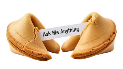 A close-up shot of two fortune cookies, one open revealing a strip of paper with Ask Me Anything written on it transparent background